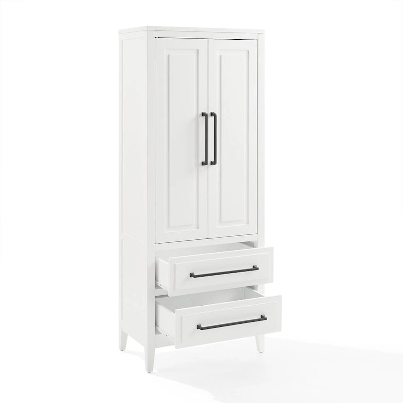 Meuble de rangement autoportant blanc avec étagères réglables, 2 tiroirs et gestion des câbles – 1 pièce