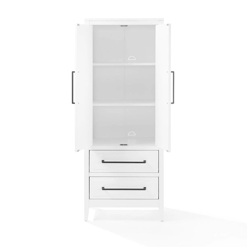 Meuble de rangement autoportant blanc avec étagères réglables, 2 tiroirs et gestion des câbles – 1 pièce