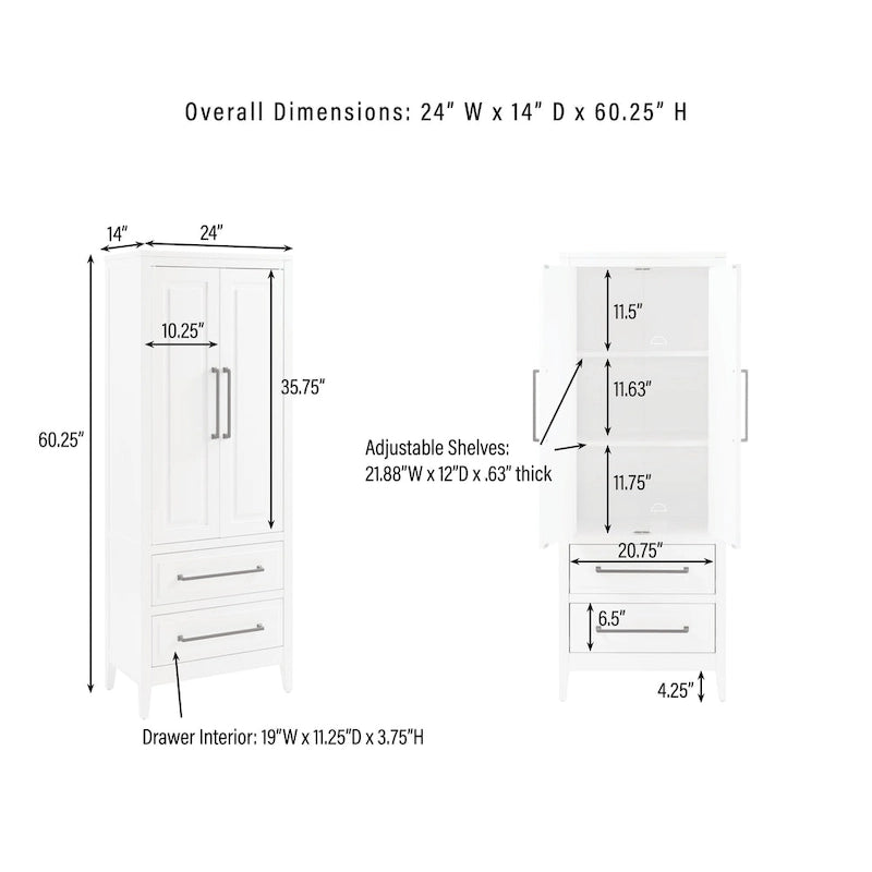 Meuble de rangement autoportant blanc avec étagères réglables, 2 tiroirs et gestion des câbles – 1 pièce