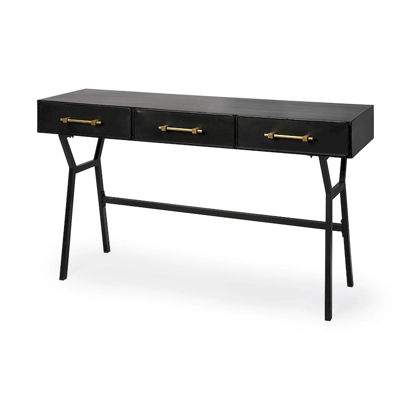 Bureau d'écriture noir et or en métal mat à 3 tiroirs avec structure en fer – 1 personne