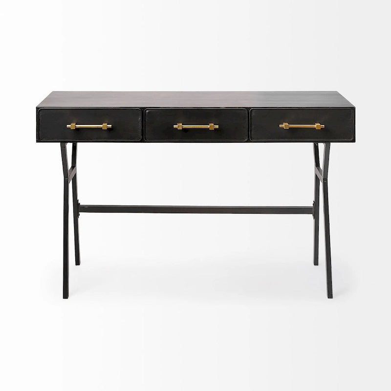 Bureau d'écriture noir et or en métal mat à 3 tiroirs avec structure en fer – 1 personne