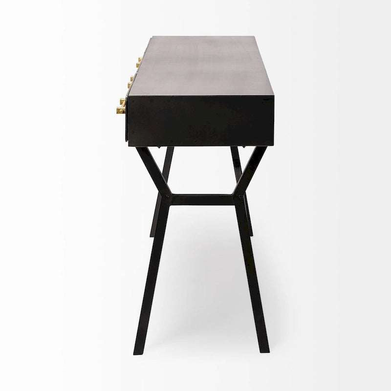 Bureau d'écriture noir et or en métal mat à 3 tiroirs avec structure en fer – 1 personne