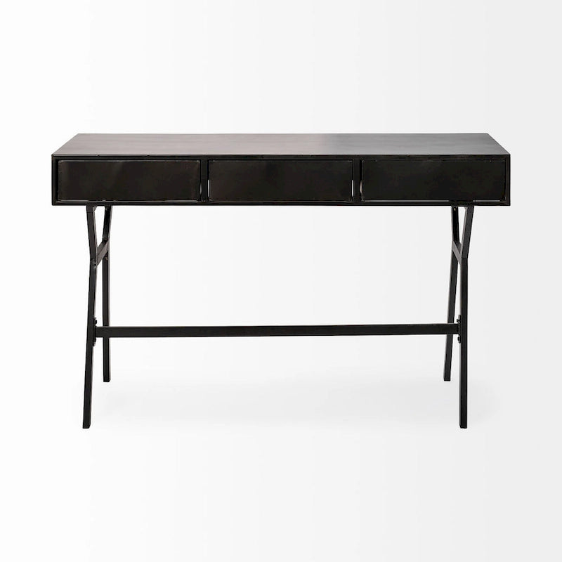 Bureau d'écriture noir et or en métal mat à 3 tiroirs avec structure en fer – 1 personne