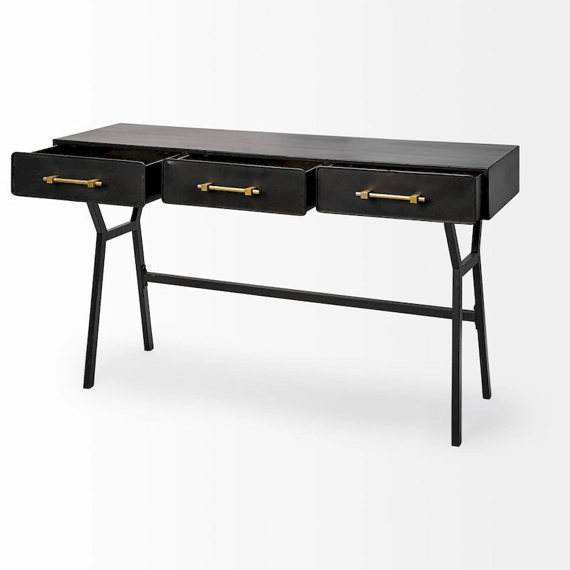 Bureau d'écriture noir et or en métal mat à 3 tiroirs avec structure en fer – 1 personne