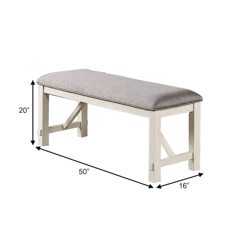 Banc de salle à manger capitonné de style ferme gris et blanc avec cadre en bois d'hévéa – 2 places