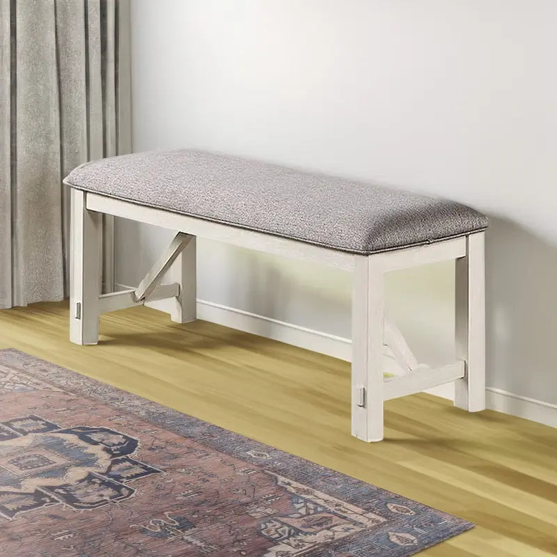Banc de salle à manger capitonné de style ferme gris et blanc avec cadre en bois d'hévéa – 2 places