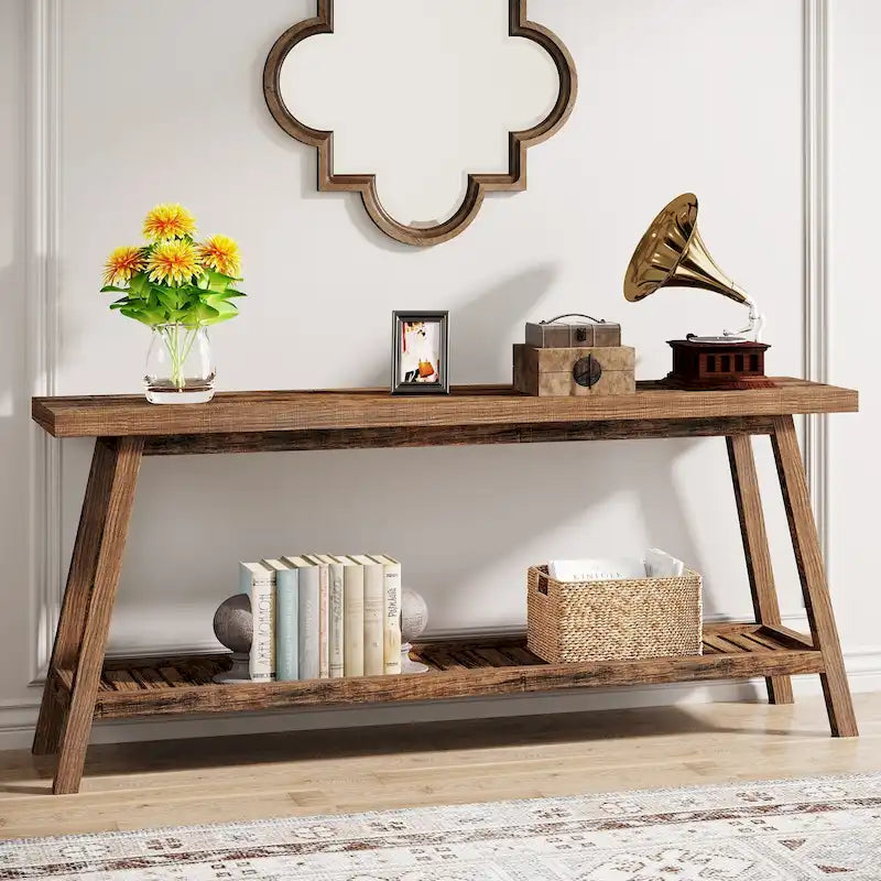 Console d'entrée de style rustique à 2 niveaux gris/marron – 180 cm de long