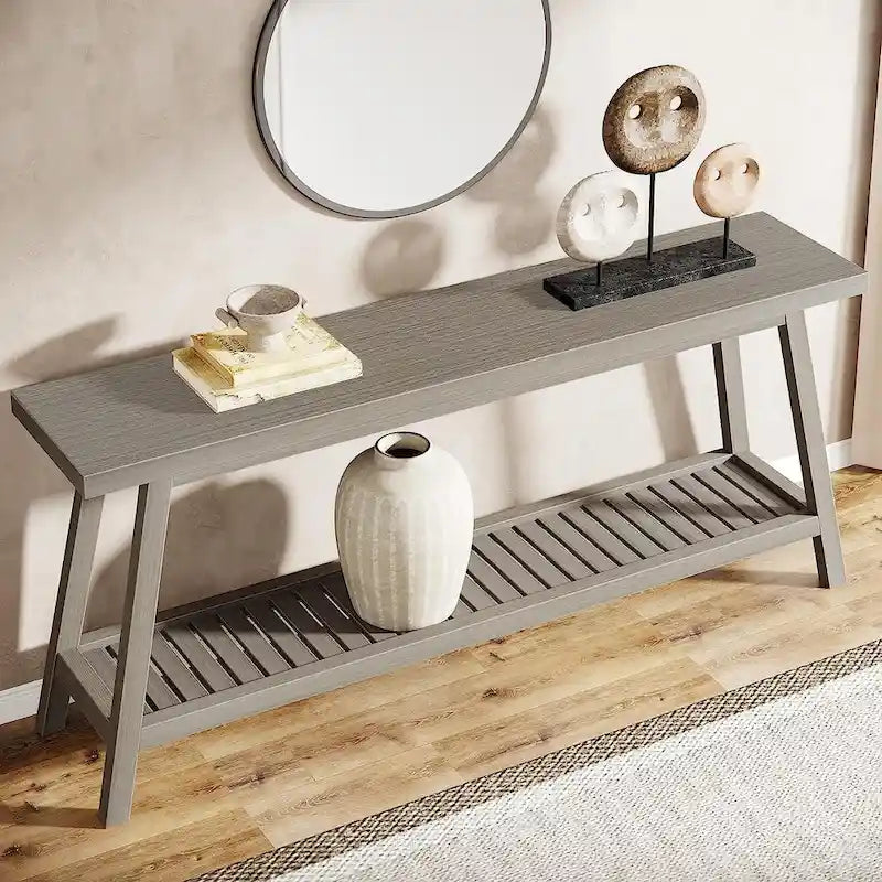 Console d'entrée de style rustique à 2 niveaux gris/marron – 180 cm de long