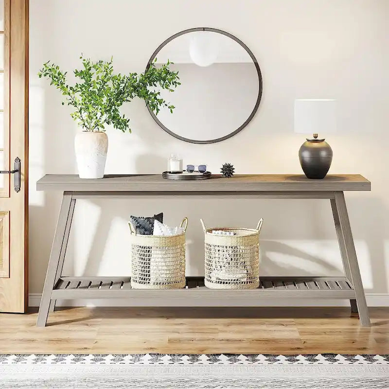 Console d'entrée de style rustique à 2 niveaux gris/marron – 180 cm de long