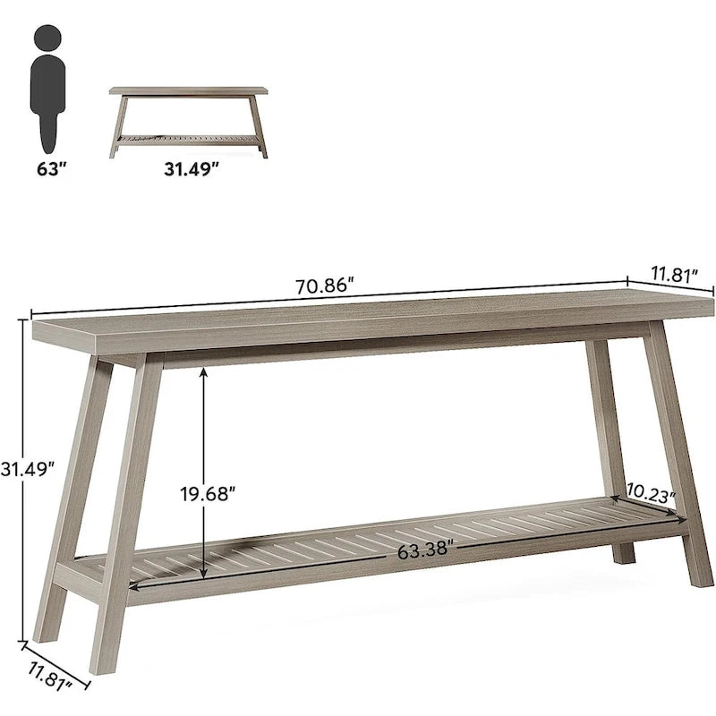 Console d'entrée de style rustique à 2 niveaux gris/marron – 180 cm de long
