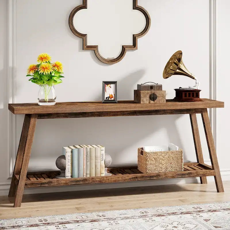 Console d'entrée de style rustique à 2 niveaux gris/marron – 180 cm de long