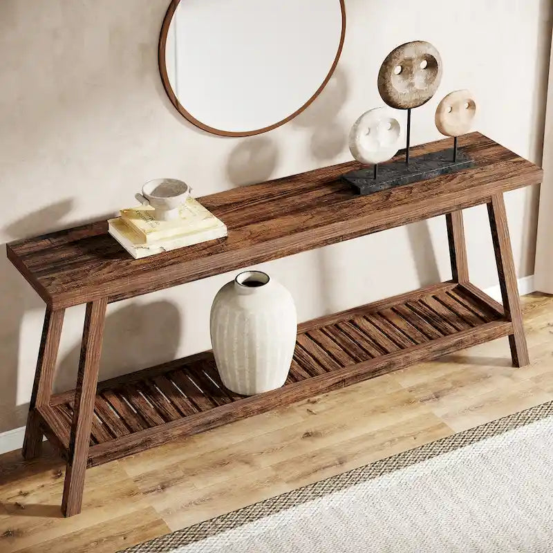 Console d'entrée de style rustique à 2 niveaux gris/marron – 180 cm de long