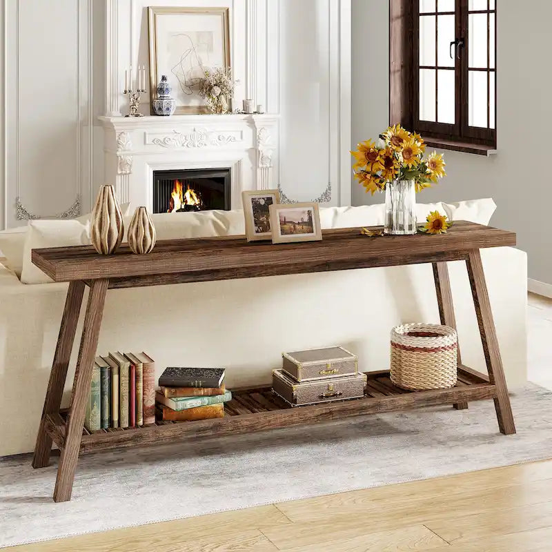 Console d'entrée de style rustique à 2 niveaux gris/marron – 180 cm de long
