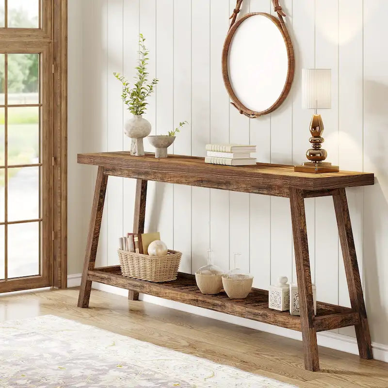 Console d'entrée de style rustique à 2 niveaux gris/marron – 180 cm de long