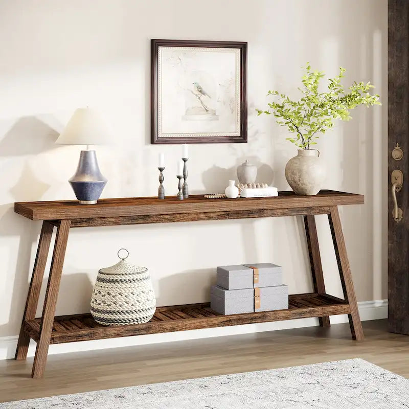 Console d'entrée de style rustique à 2 niveaux gris/marron – 180 cm de long