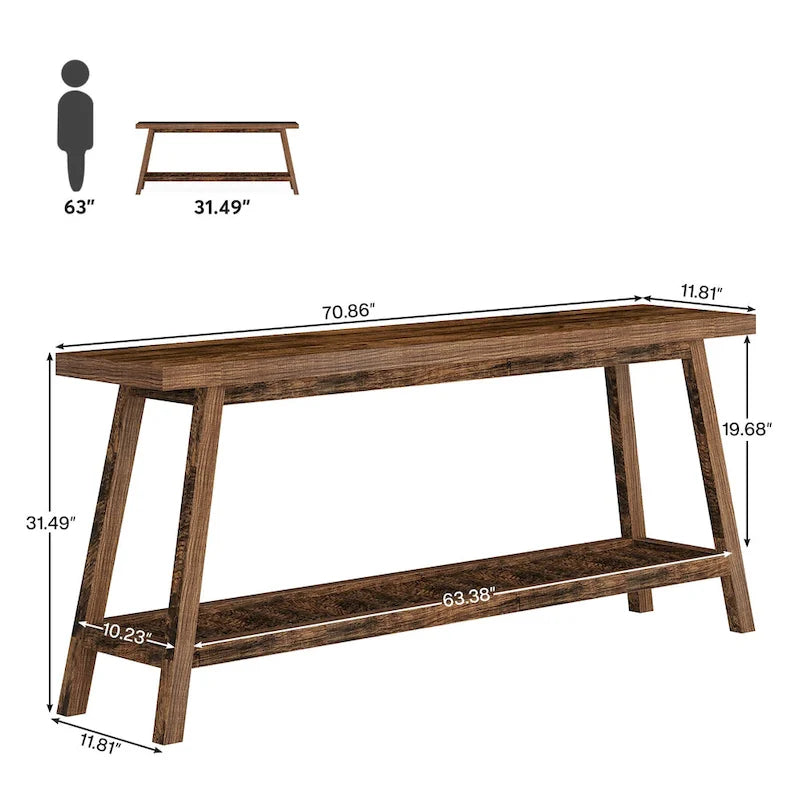 Console d'entrée de style rustique à 2 niveaux gris/marron – 180 cm de long