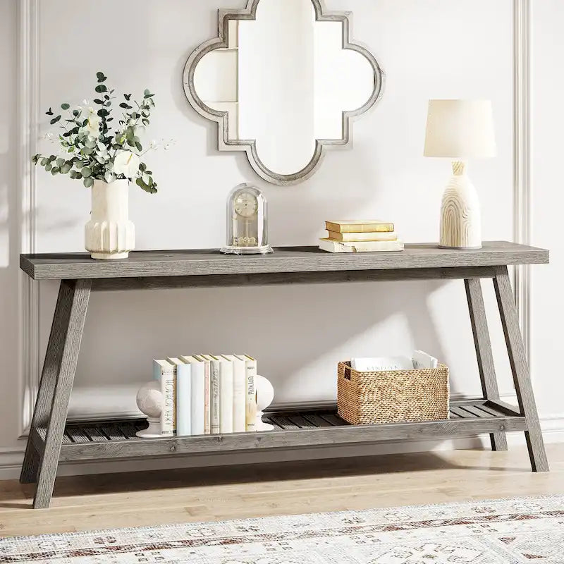 Console d'entrée de style rustique à 2 niveaux gris/marron – 180 cm de long