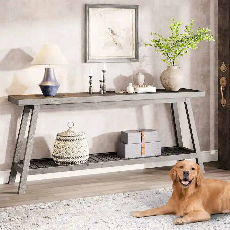 Console d'entrée de style rustique à 2 niveaux gris/marron – 180 cm de long
