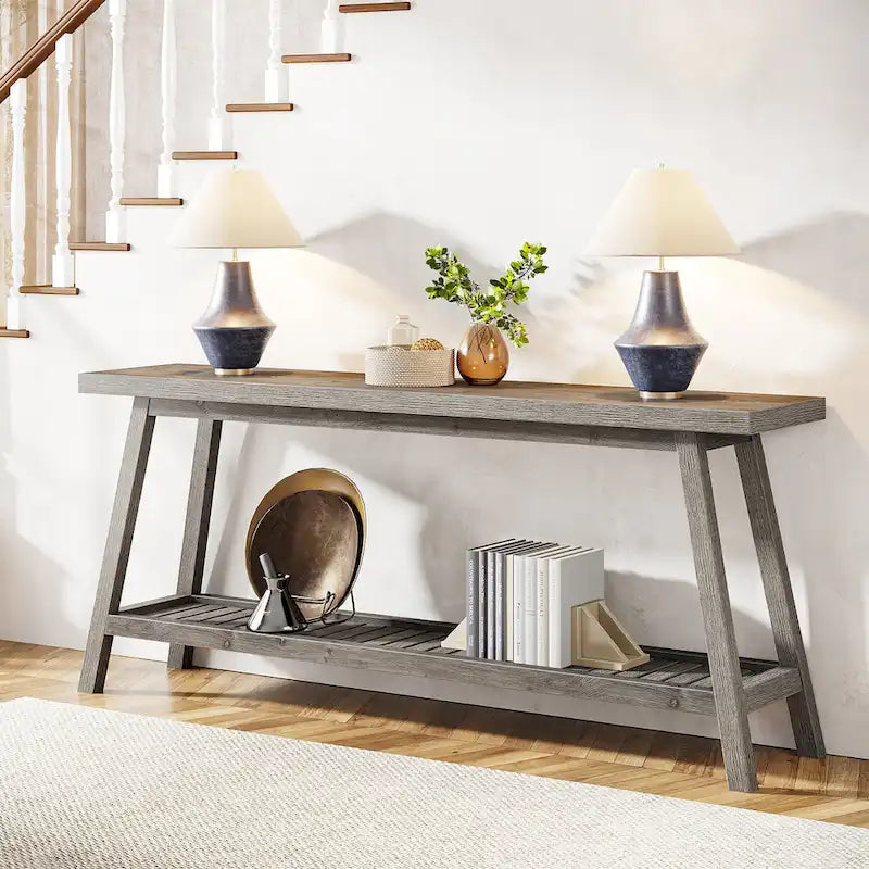 Console d'entrée de style rustique à 2 niveaux gris/marron – 180 cm de long