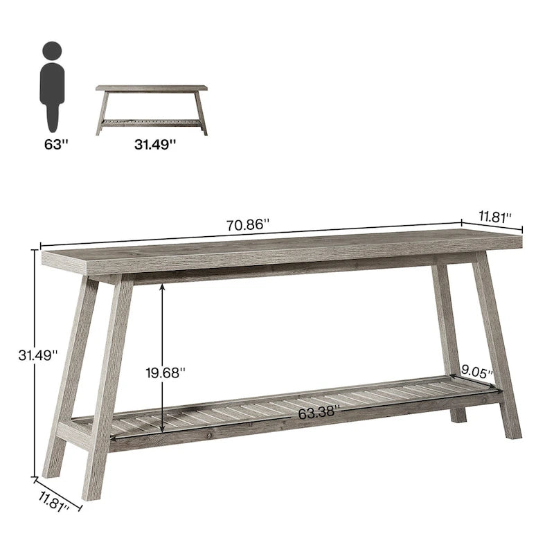 Console d'entrée de style rustique à 2 niveaux gris/marron – 180 cm de long