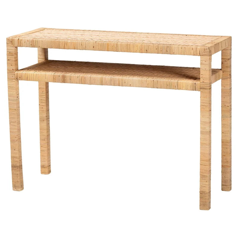 Console en rotin bohème et bois d'acacia couleur miel clair avec étagère ouverte