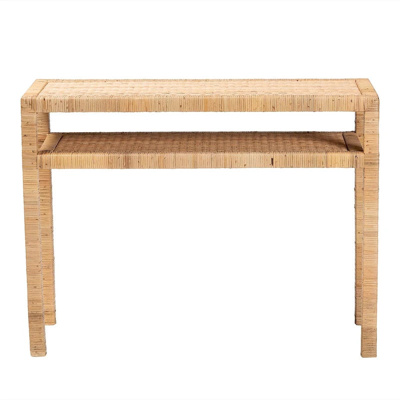 Console en rotin bohème et bois d'acacia couleur miel clair avec étagère ouverte