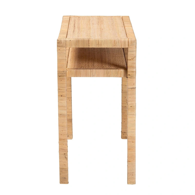 Console en rotin bohème et bois d'acacia couleur miel clair avec étagère ouverte