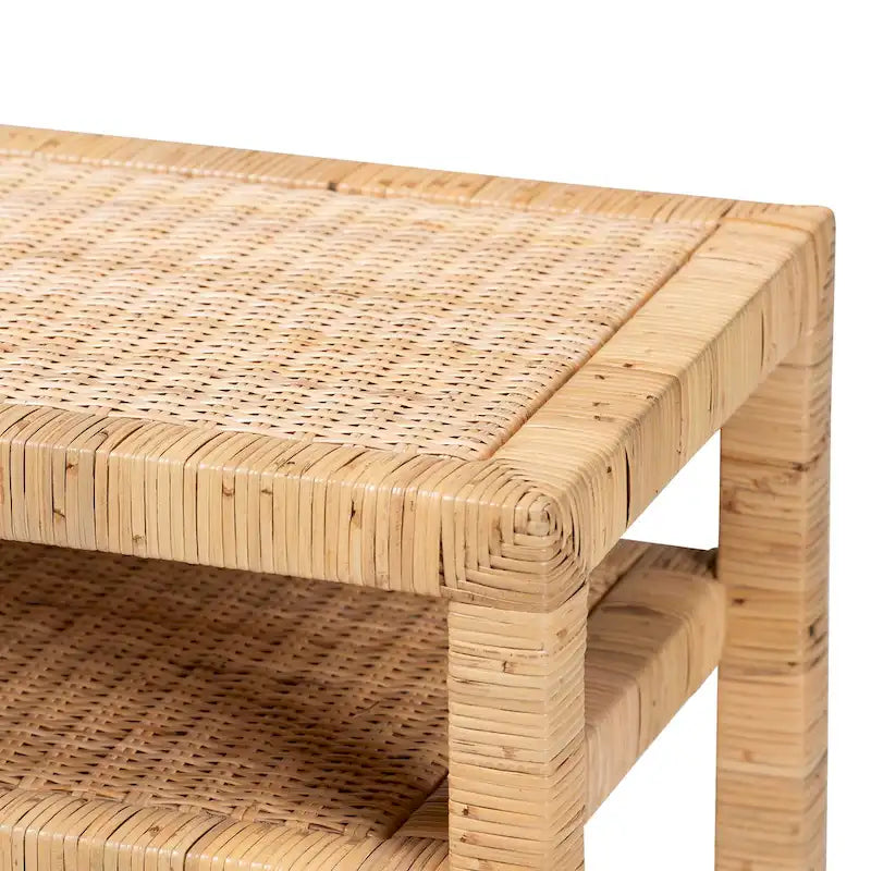 Console en rotin bohème et bois d'acacia couleur miel clair avec étagère ouverte