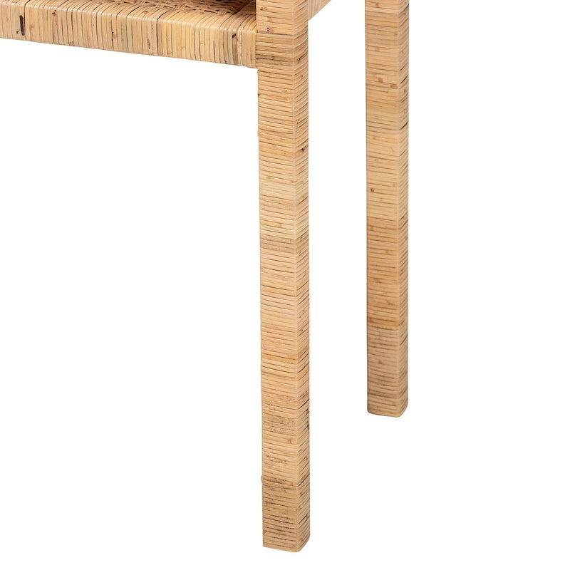Console en rotin bohème et bois d'acacia couleur miel clair avec étagère ouverte