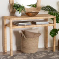 Console en rotin bohème et bois d'acacia couleur miel clair avec étagère ouverte