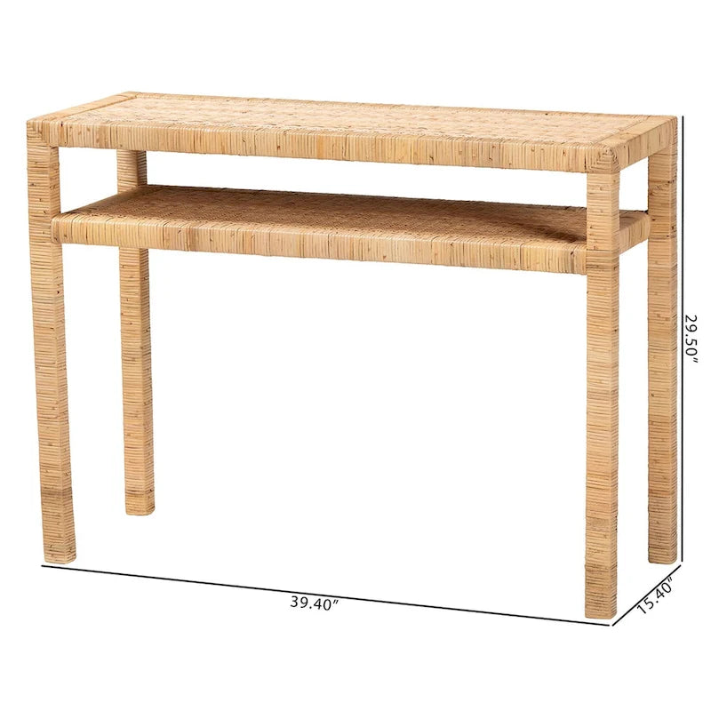 Console en rotin bohème et bois d'acacia couleur miel clair avec étagère ouverte