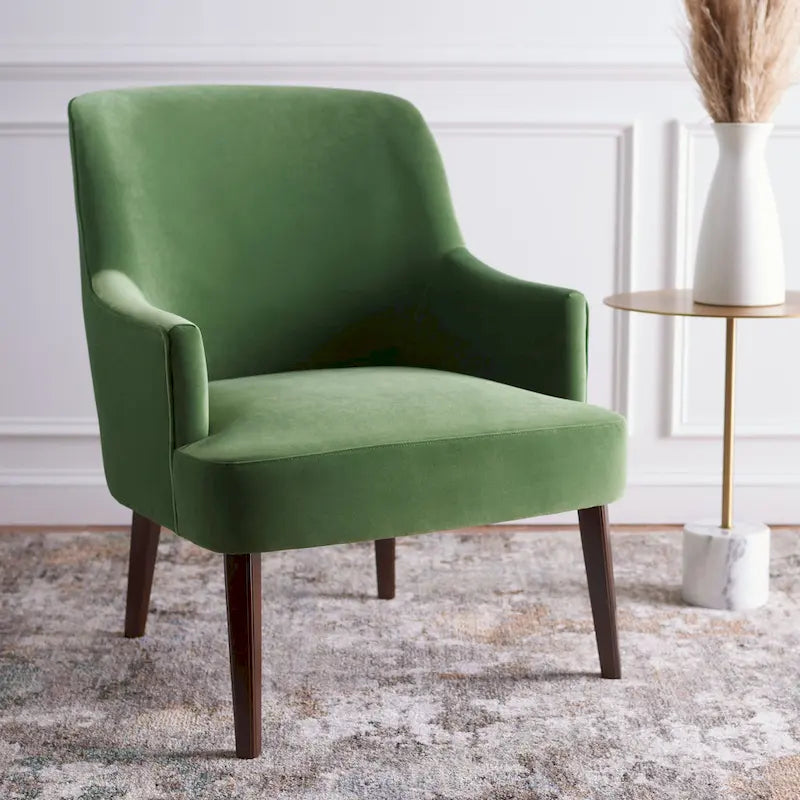 Fauteuil d'appoint en velours bleu clair/blanc/vert avec pieds coniques en noyer – 1 place