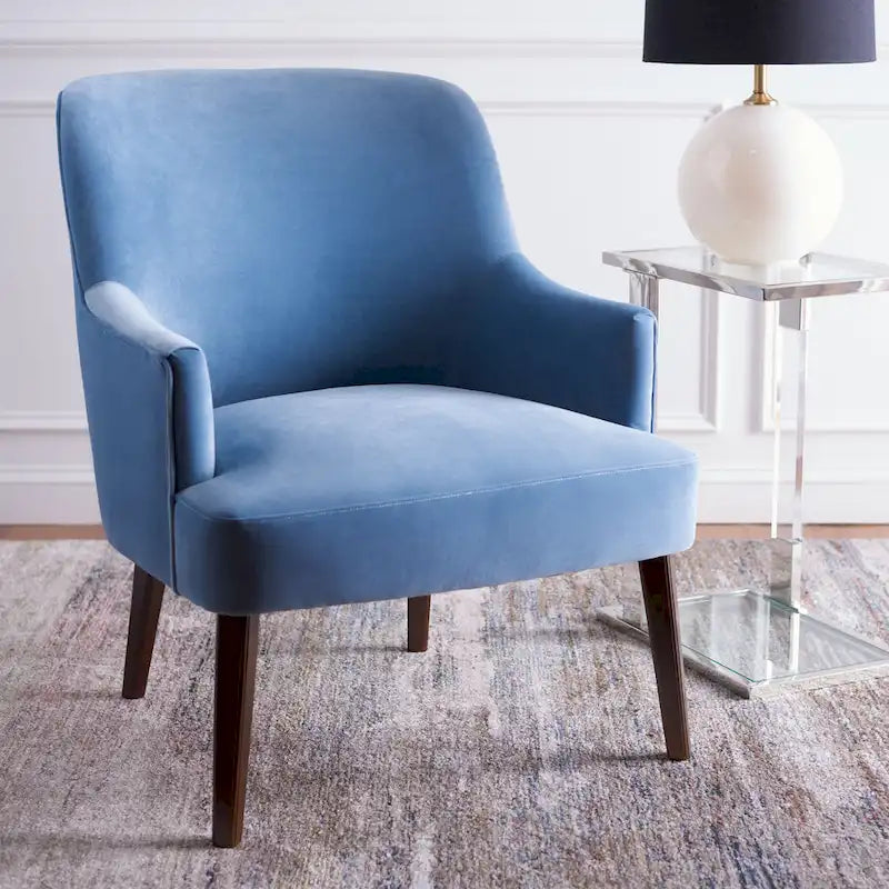 Fauteuil d'appoint en velours bleu clair/blanc/vert avec pieds coniques en noyer – 1 place
