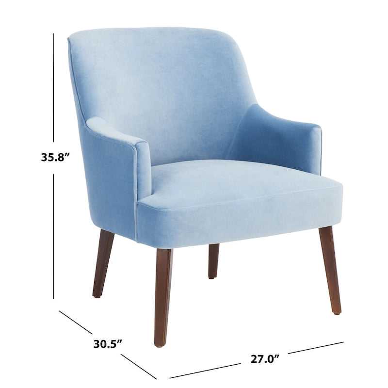 Fauteuil d'appoint en velours bleu clair/blanc/vert avec pieds coniques en noyer – 1 place
