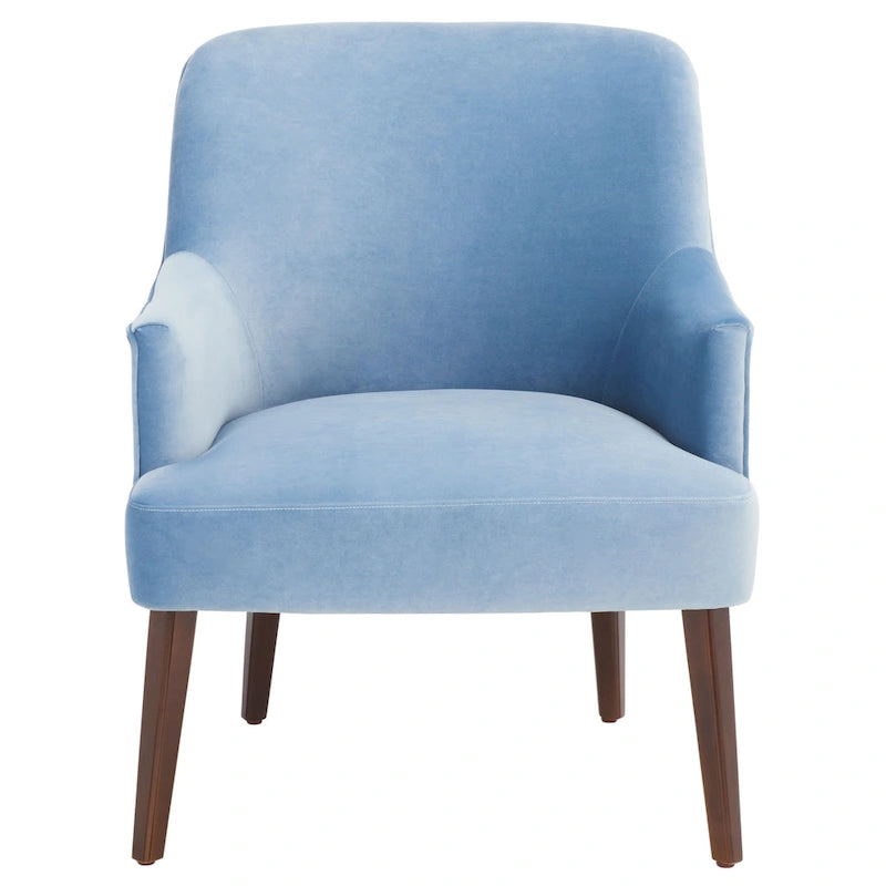 Fauteuil d'appoint en velours bleu clair/blanc/vert avec pieds coniques en noyer – 1 place