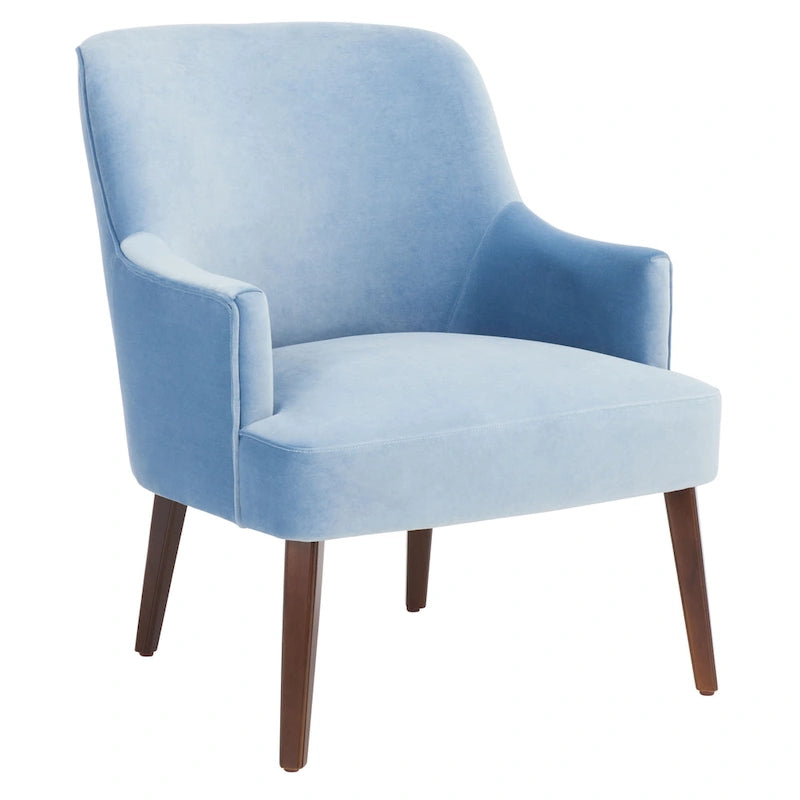 Fauteuil d'appoint en velours bleu clair/blanc/vert avec pieds coniques en noyer – 1 place