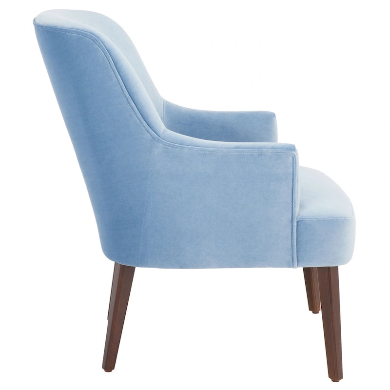 Fauteuil d'appoint en velours bleu clair/blanc/vert avec pieds coniques en noyer – 1 place