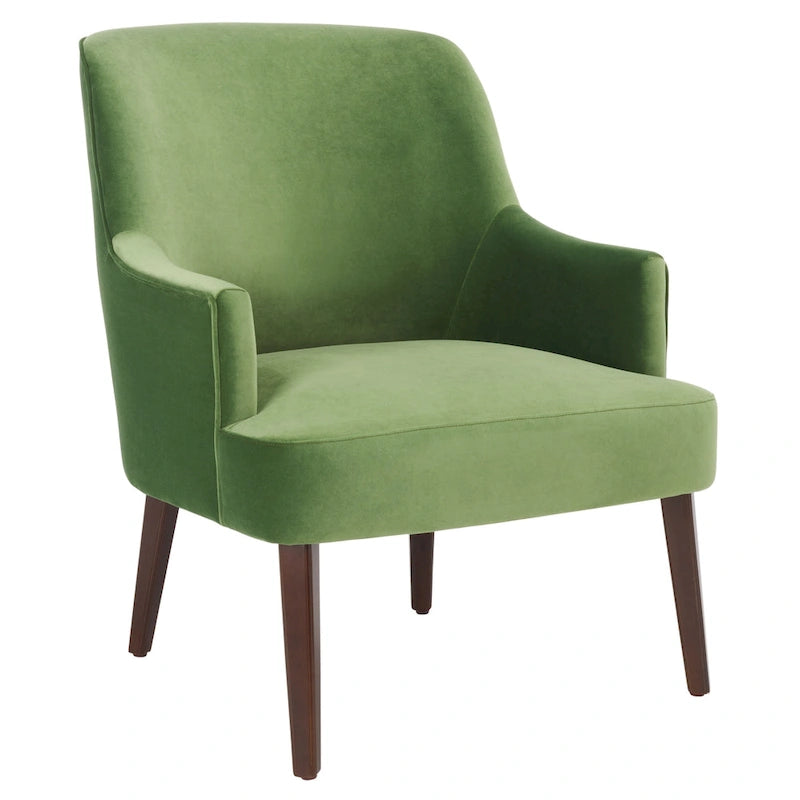 Fauteuil d'appoint en velours bleu clair/blanc/vert avec pieds coniques en noyer – 1 place