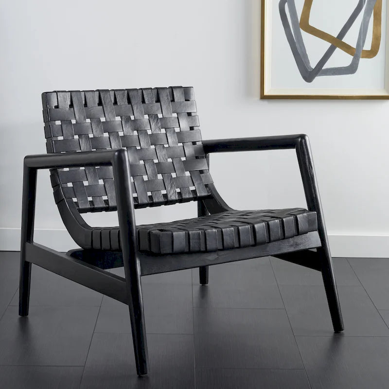 Fauteuil Scandinave Rétro en Cuir Tressé Noir / Cognac / Blanc avec Cadre en Bois Naturel – 1 Place