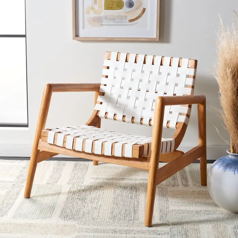 Fauteuil Scandinave Rétro en Cuir Tressé Noir / Cognac / Blanc avec Cadre en Bois Naturel – 1 Place