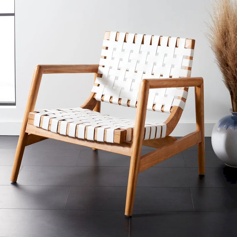 Fauteuil Scandinave Rétro en Cuir Tressé Noir / Cognac / Blanc avec Cadre en Bois Naturel – 1 Place