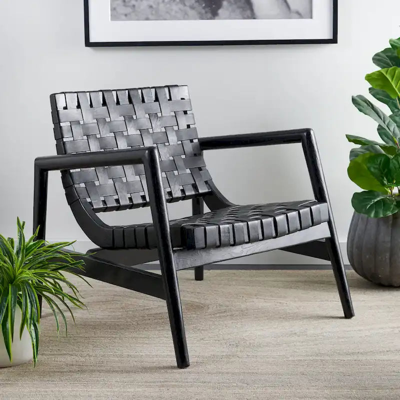 Fauteuil Scandinave Rétro en Cuir Tressé Noir / Cognac / Blanc avec Cadre en Bois Naturel – 1 Place