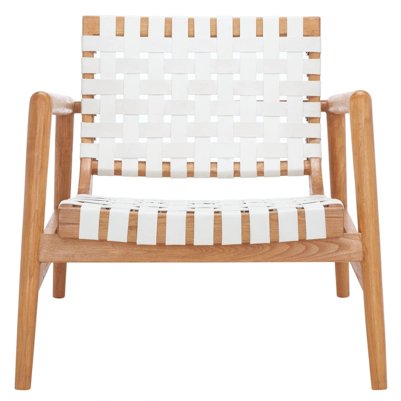 Fauteuil Scandinave Rétro en Cuir Tressé Noir / Cognac / Blanc avec Cadre en Bois Naturel – 1 Place