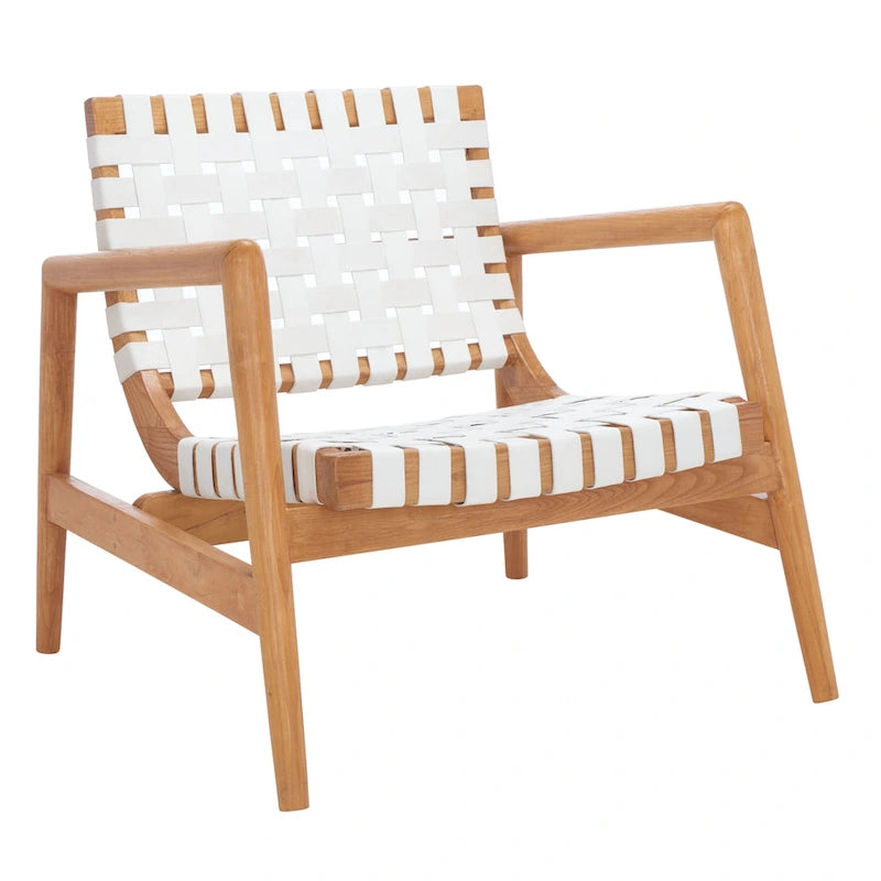 Fauteuil Scandinave Rétro en Cuir Tressé Noir / Cognac / Blanc avec Cadre en Bois Naturel – 1 Place