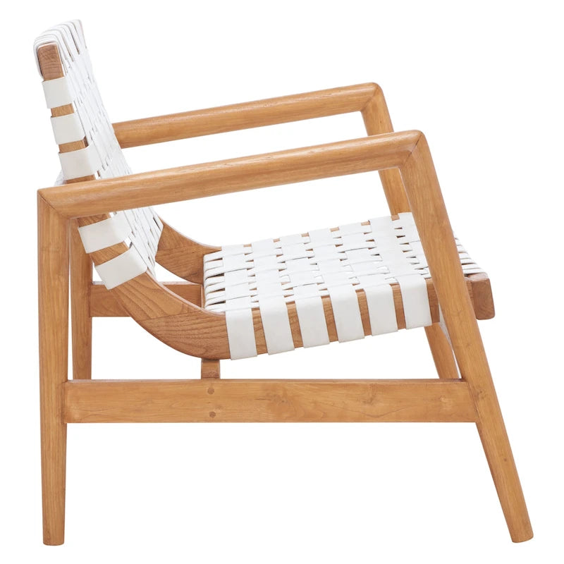 Fauteuil Scandinave Rétro en Cuir Tressé Noir / Cognac / Blanc avec Cadre en Bois Naturel – 1 Place