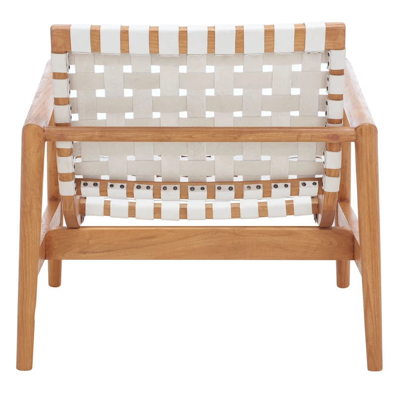Fauteuil Scandinave Rétro en Cuir Tressé Noir / Cognac / Blanc avec Cadre en Bois Naturel – 1 Place
