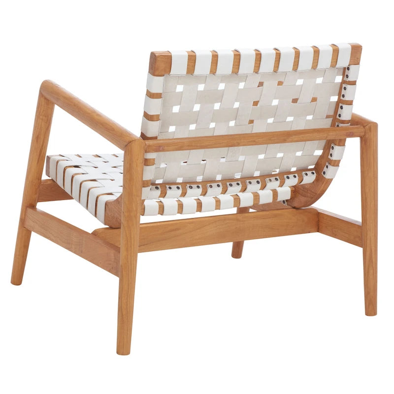 Fauteuil Scandinave Rétro en Cuir Tressé Noir / Cognac / Blanc avec Cadre en Bois Naturel – 1 Place