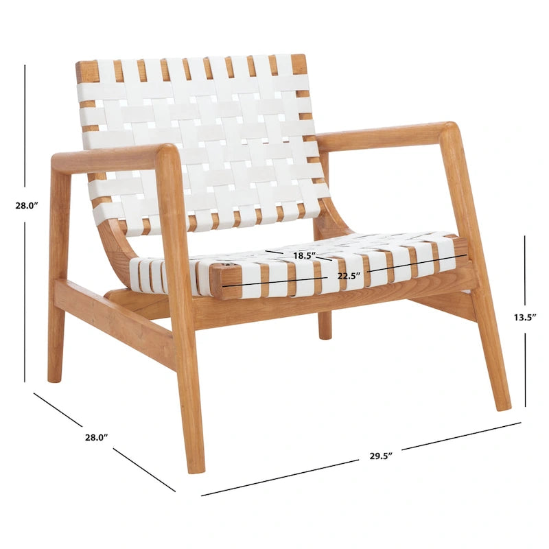 Fauteuil Scandinave Rétro en Cuir Tressé Noir / Cognac / Blanc avec Cadre en Bois Naturel – 1 Place