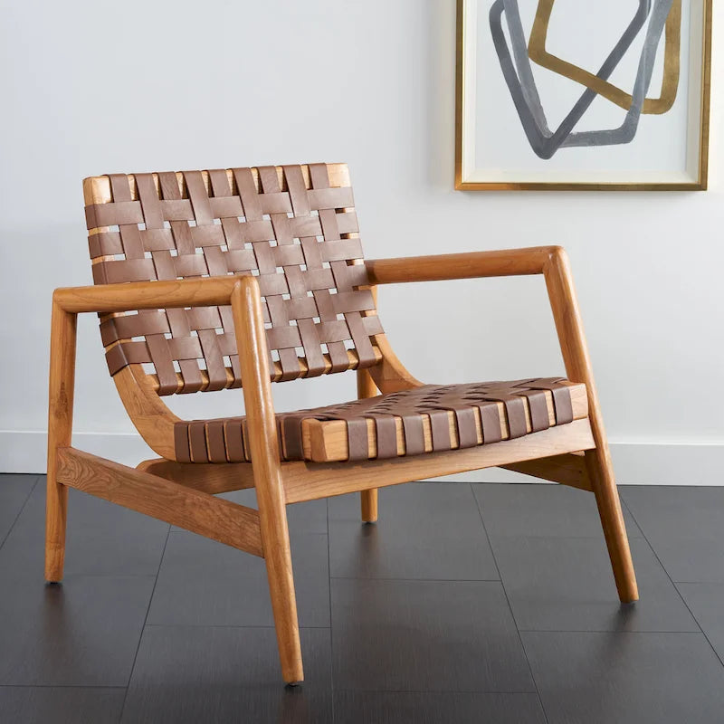 Fauteuil Scandinave Rétro en Cuir Tressé Noir / Cognac / Blanc avec Cadre en Bois Naturel – 1 Place