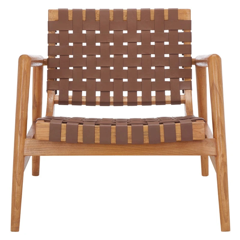 Fauteuil Scandinave Rétro en Cuir Tressé Noir / Cognac / Blanc avec Cadre en Bois Naturel – 1 Place